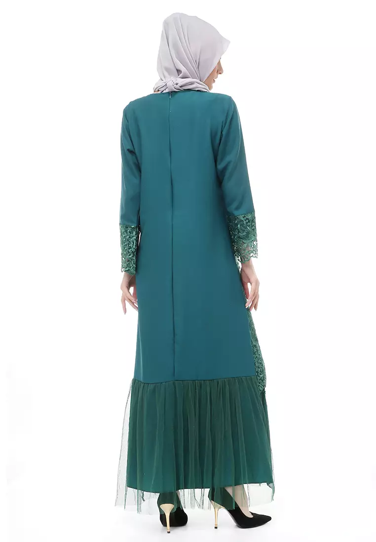Diana Gamis Brukat Wanita Muslimah Lapis Moscrepe Premium Quality - Hijau Botol