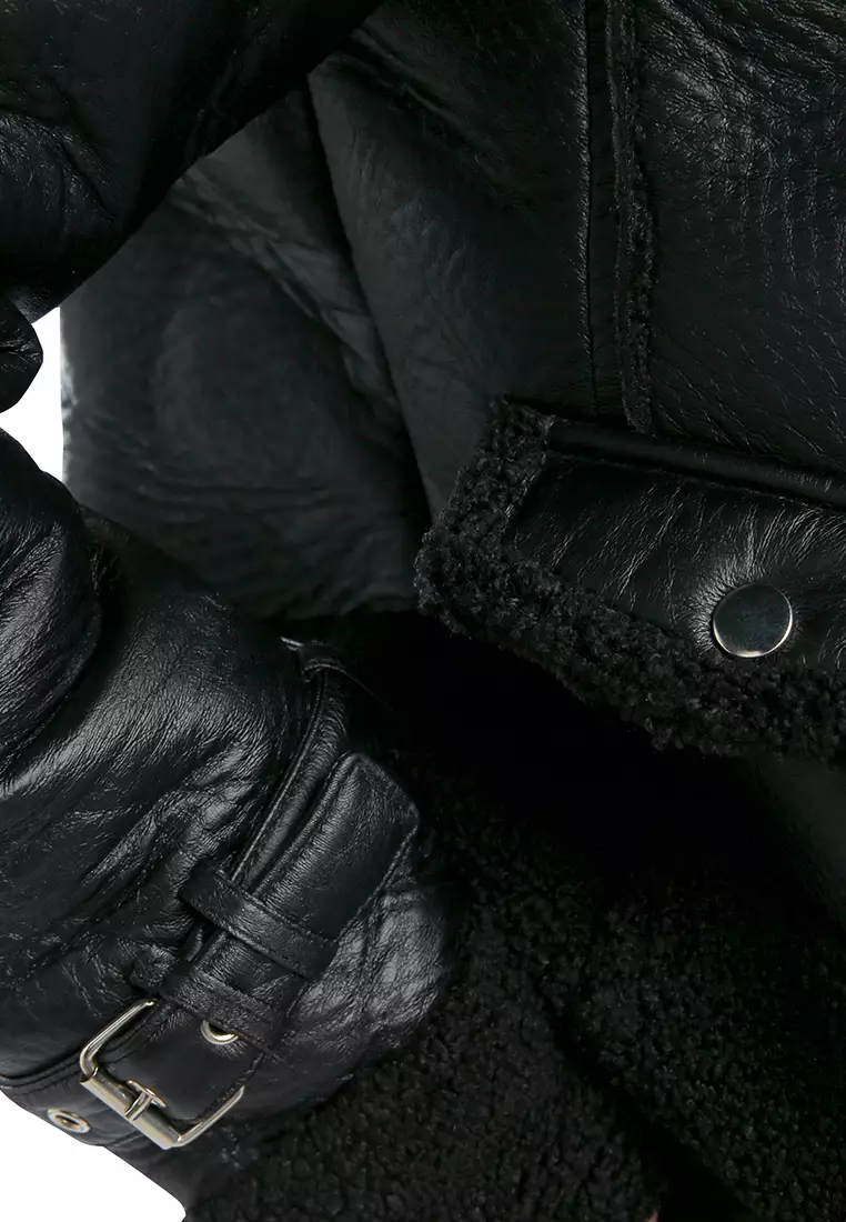 Black Shearling Collar Crop Jacket