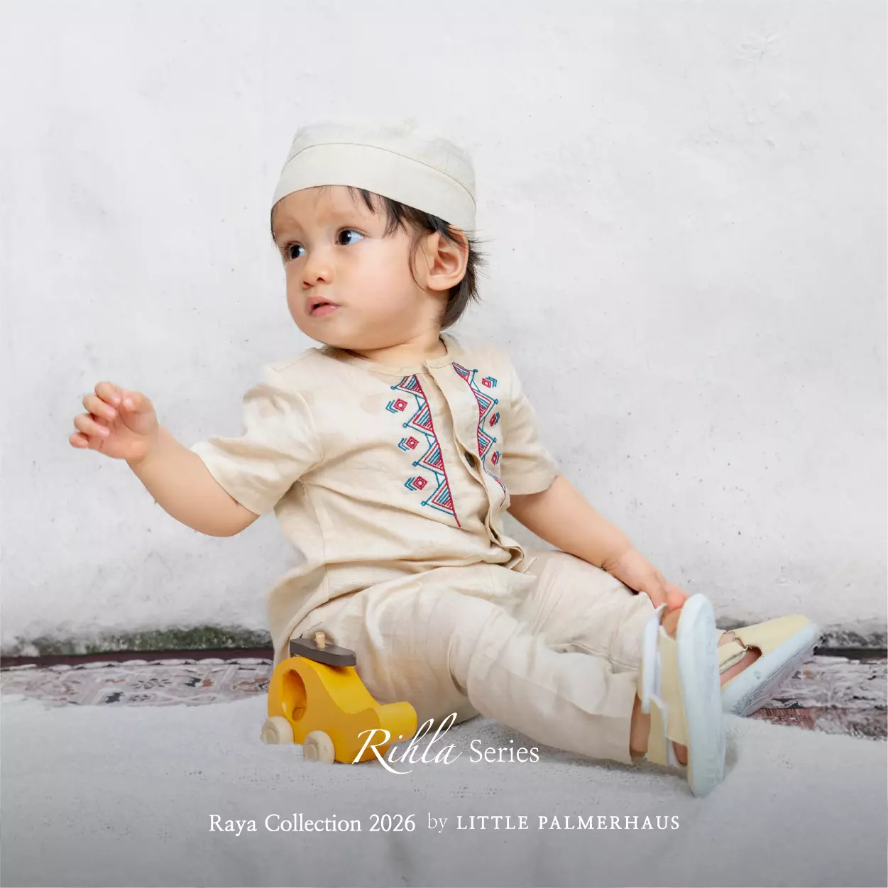 Little Palmerhaus - Baju Lebaran 2026 - Rihla Baby Boy Set + Peci (Setelan Baju Koko Bayi Laki-laki dan Peci) Beige