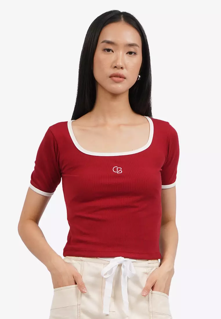 Contrast Rib Square Neck Logo T-Shirt