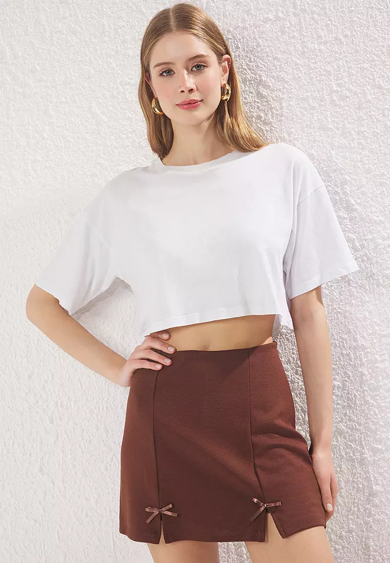 Brown Bow and Slit Detailed Mini Knitted Shorts Skirt  TWOAW25ET00092