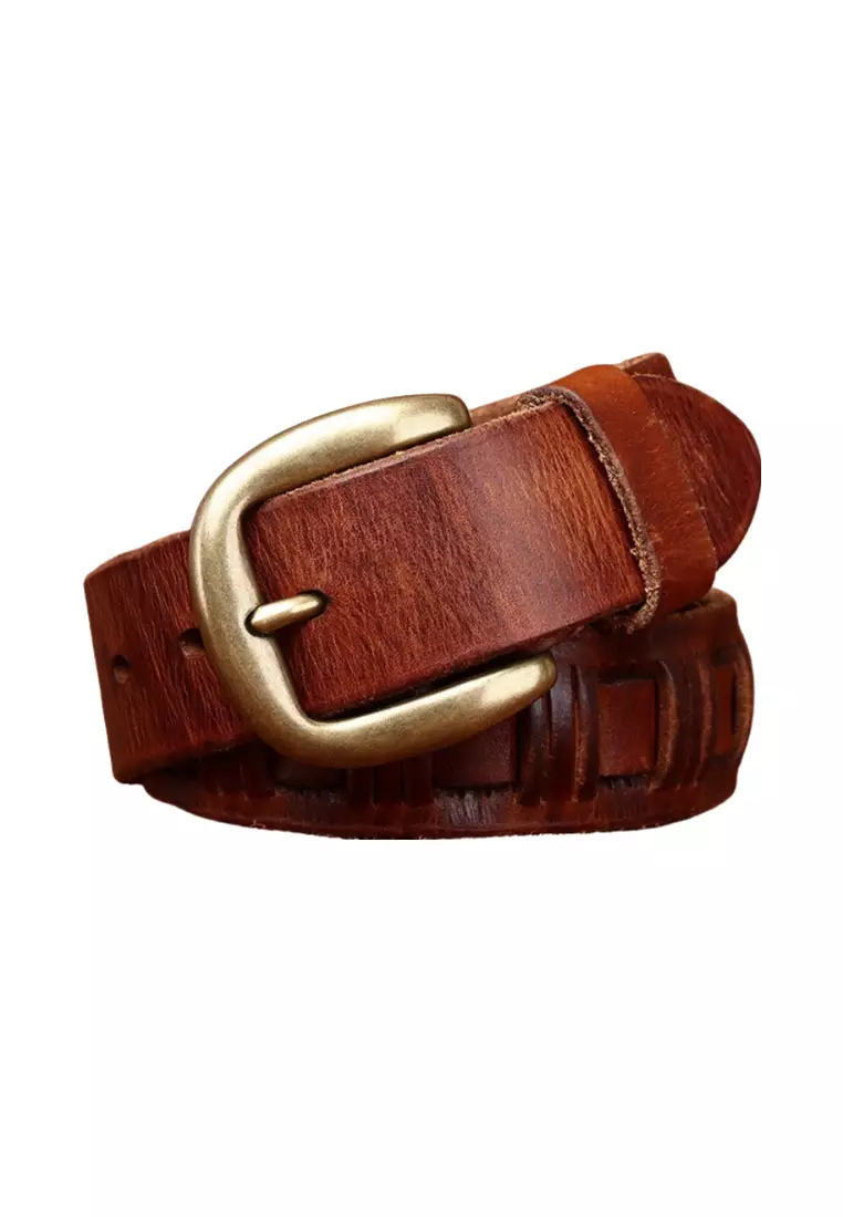 3.8cm Handwoven Genuine Leather Pin Buckle Belt