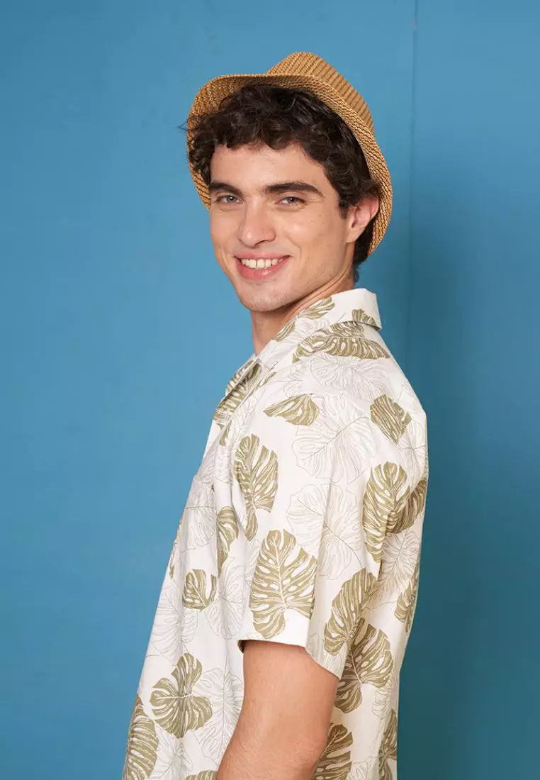 Kemeja Ethan White Lengan Pendek Hawaiian Rouffe Leaf