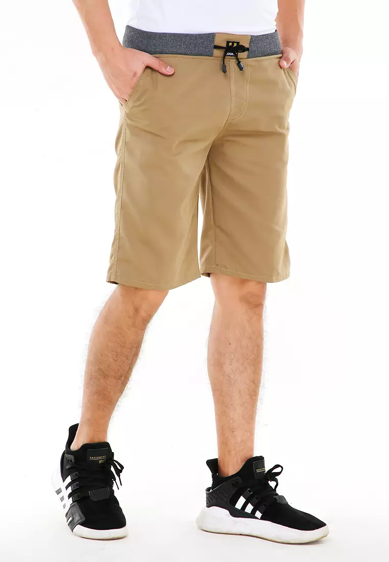 Rishham Celana Pendek Pria Polos Elastic Rubber Casual Short Pants Material Cotton ORIGINAL - Mocca