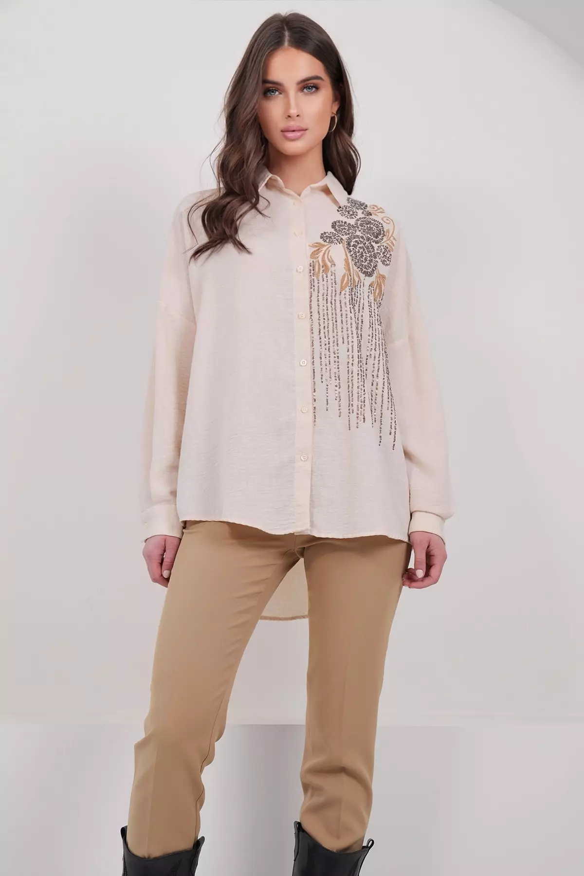 Women'S Beige Embroidery And Sequin Embellished Premium Linen Shirt Alc-X15017