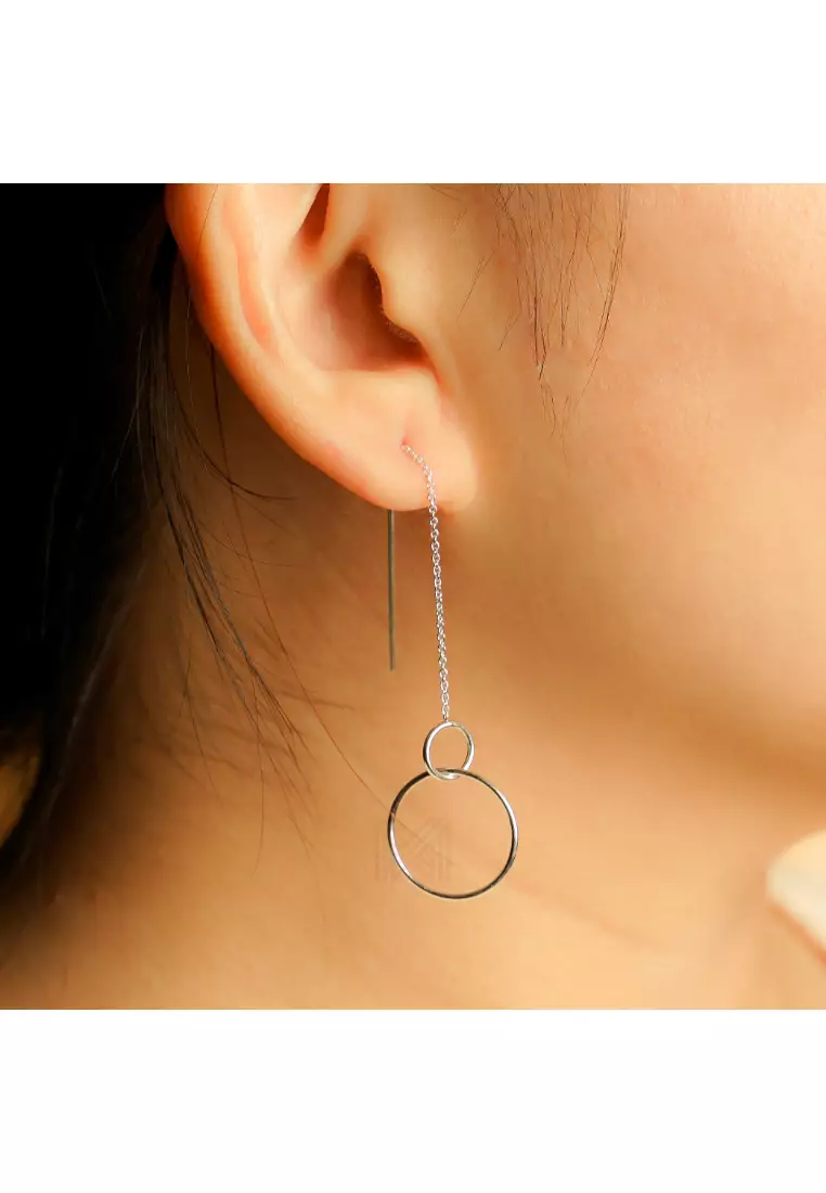 Minimal Circle Links Silver Threader Earrings with 925 Sterling Silver