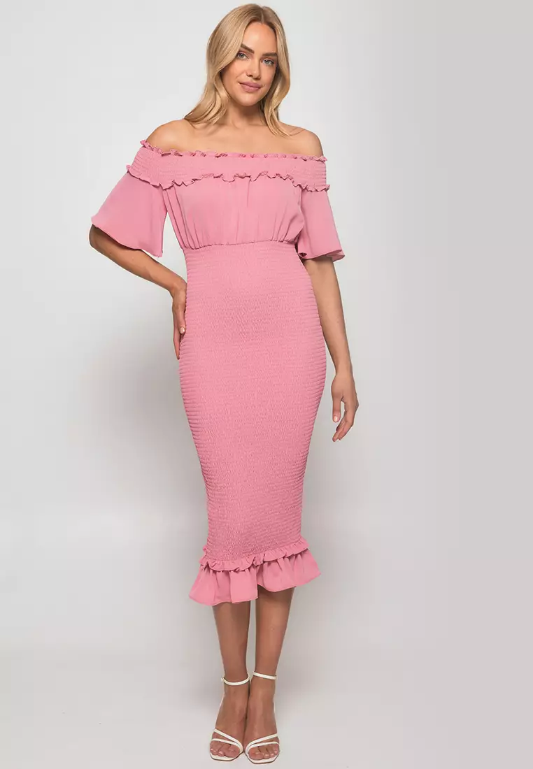 Off The Shoulder Shirred Midi Dress