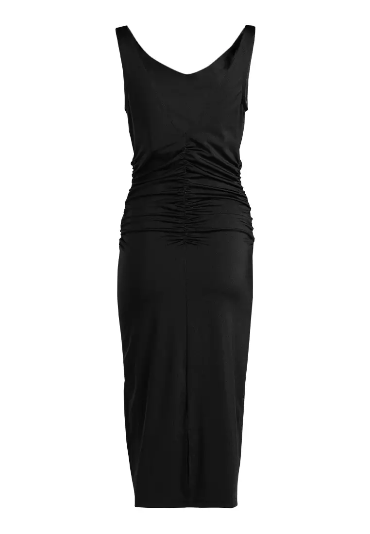 Black Sleeveless Draped Knee Length Dress