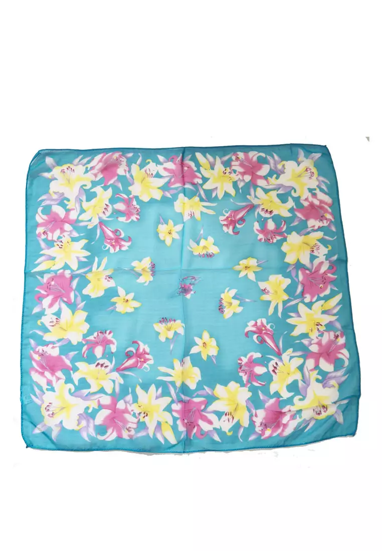Aksesoris Scarf Wanita Floral Silky Square Chiffon Scarf Segi Empat Ukuran Kecil Blue & Multi