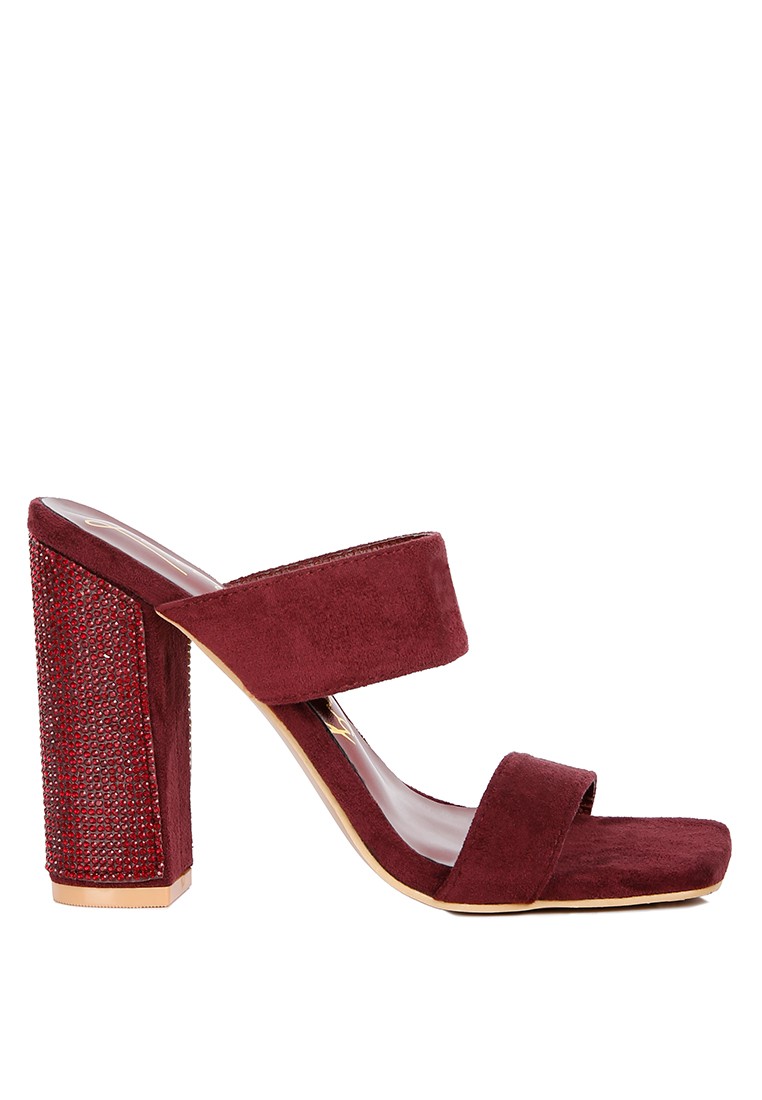 Burgundy Diamante Set High Block Heeled Sandals