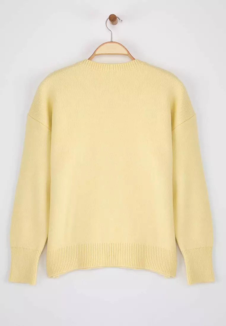Yellow Woolen Premium Yarn/Special Yarn Basic Wide Fit Knitwear Sweater