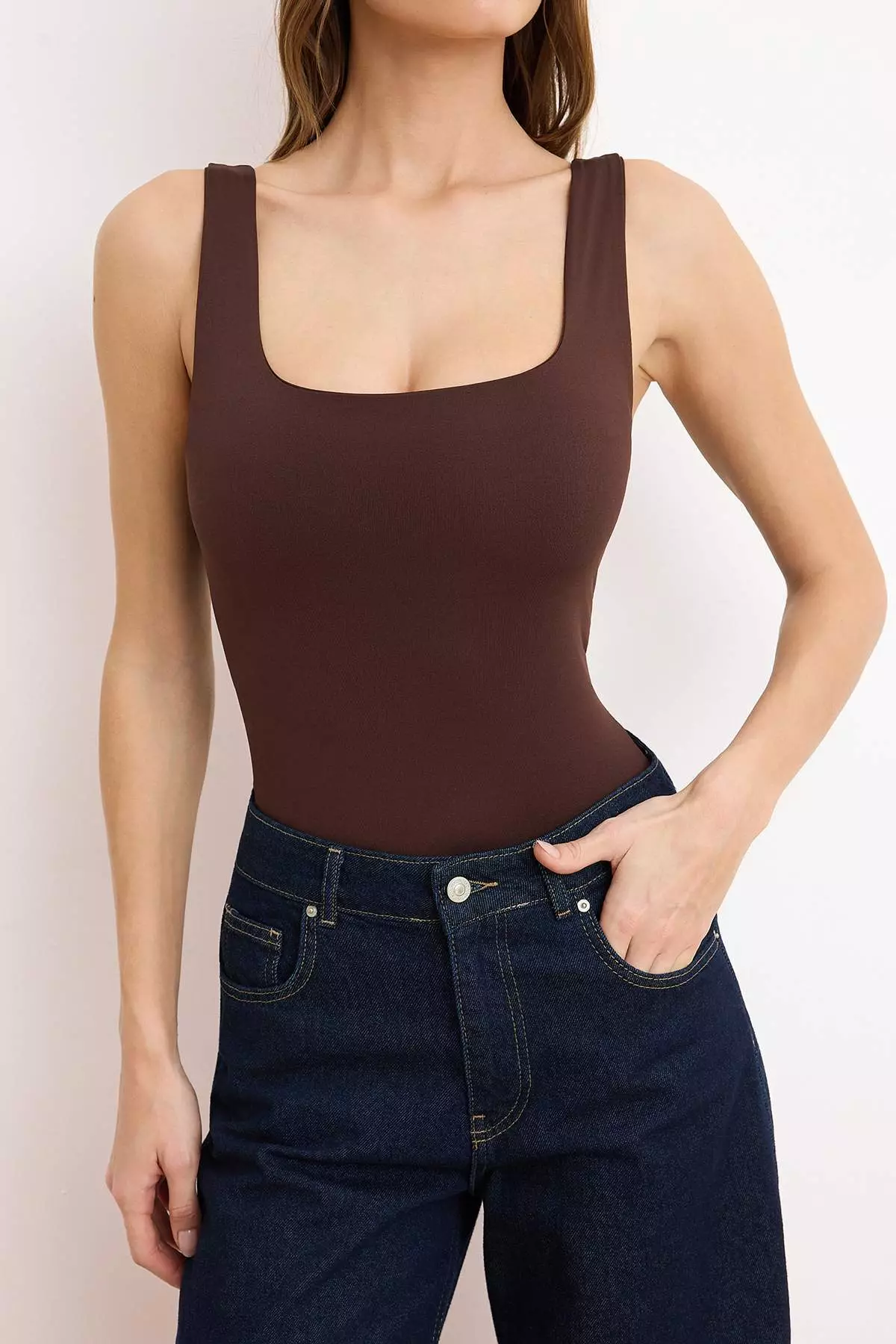 Dark Brown Fitted/Bodycon Back Detail Square Neck Snap Fastener Stretchy Knitted Bodysuit Twoss24Bd26