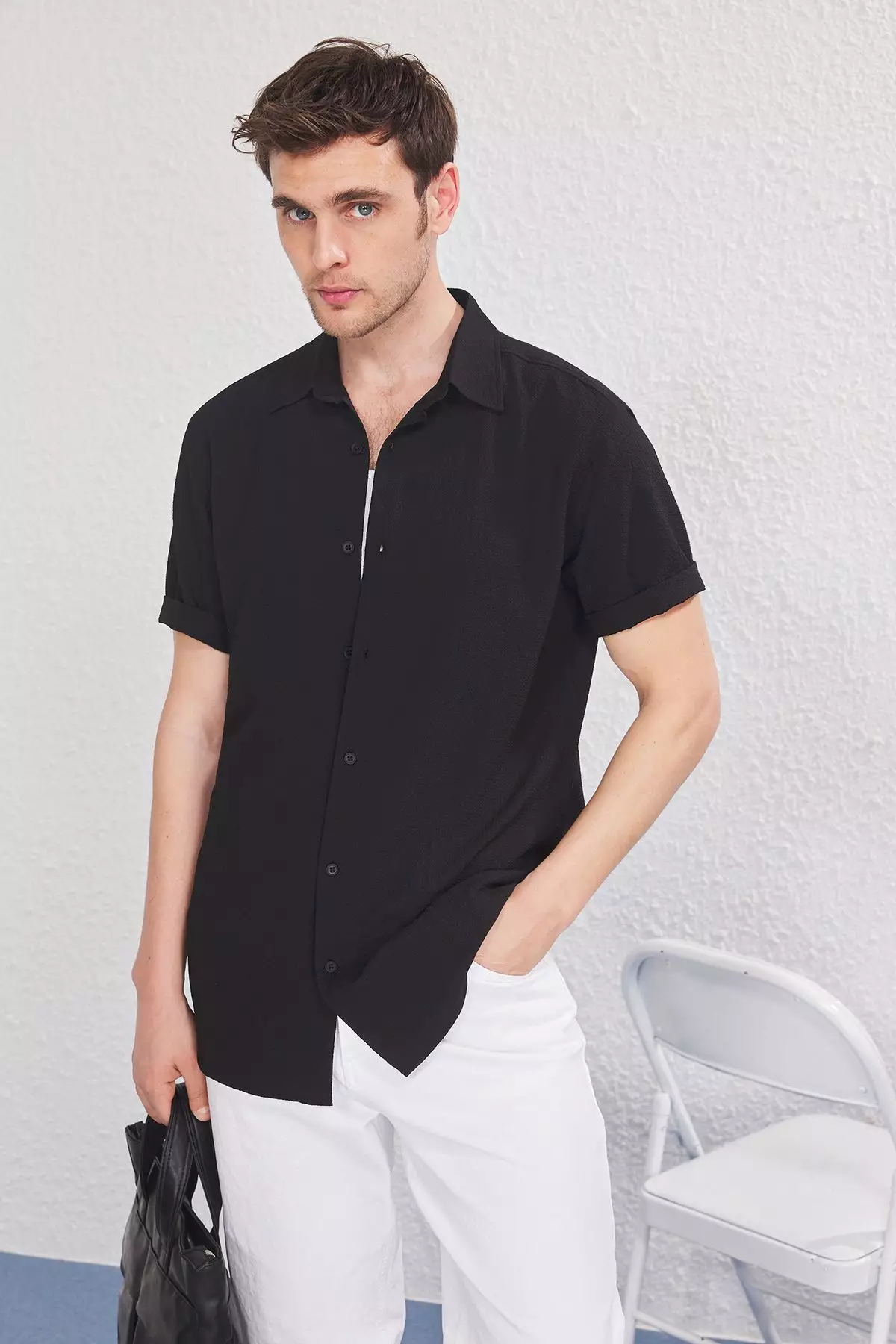 Black Regular Fit Textured Loose Casual Men's Shirt TMNSS25GO00076