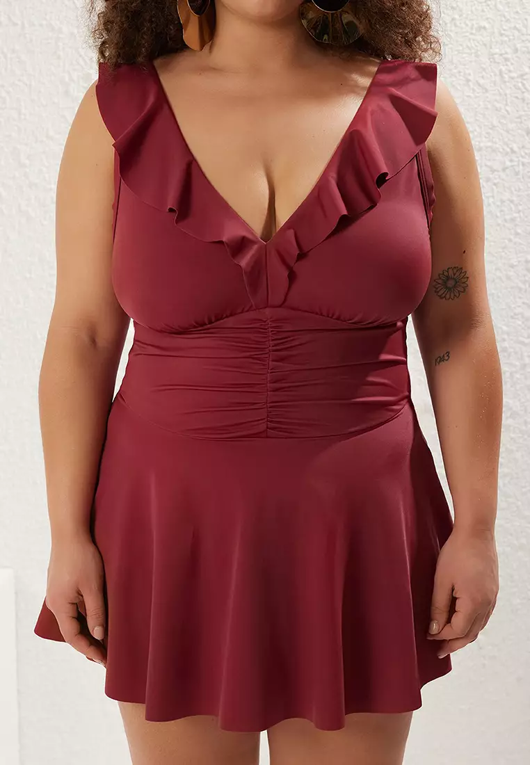 Burgundy Collar with Ruffle Detail Pleated Waist Skirted Plus Size Swimsuit TBBSS25AM00018