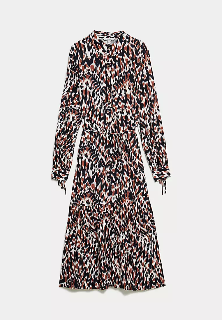 Printed Tie Waist Midi Shirt Dress