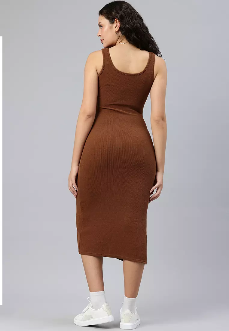 Ribbed Knit Slit Tank Dress In Brown