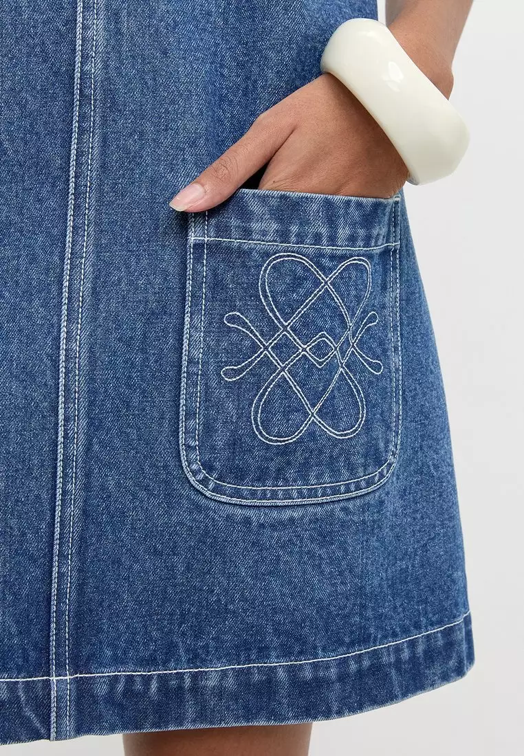Denim Overall Dress With Pockets - Blue