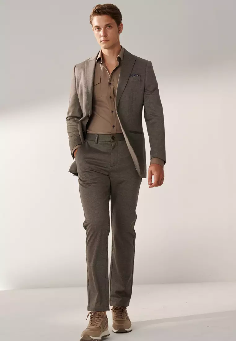 Hazelnut Brown Houndstooth Slim Stretch Jersey Blazer