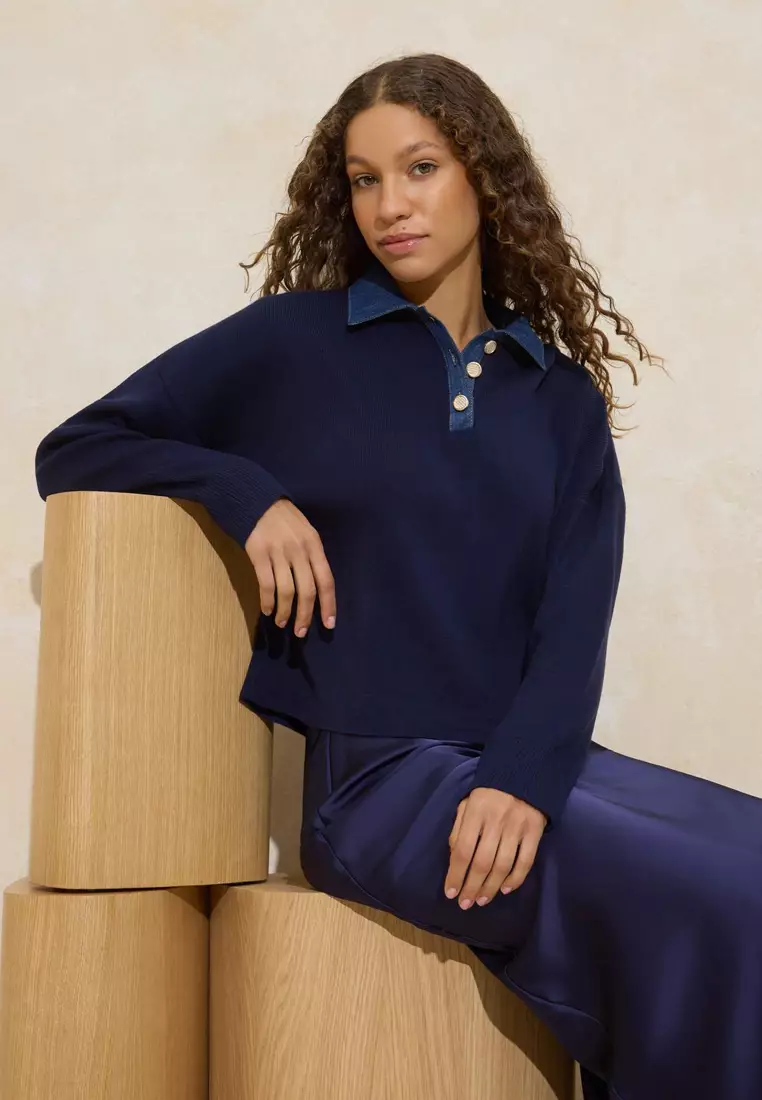 Navy Blue*1 Denim Paneled Polo Neck Knitwear Sweater Twoaw26Kz283