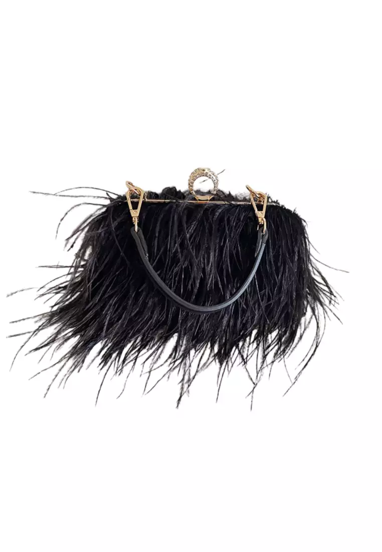 Ostrich Feather Ring Buckle Chain Crossbody Shoulder Small Square Bag
