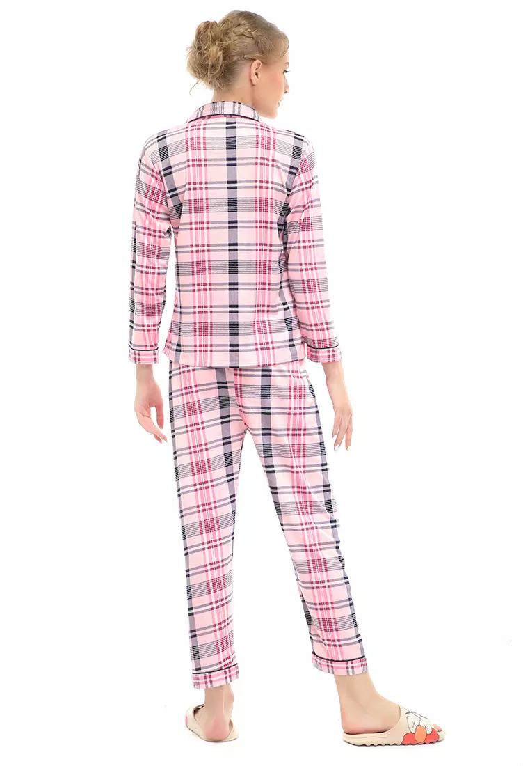 Vance Setelan Piyama Baju Tidur Wanita Lengan Panjang Motif Kotak Material Cotton ORIGINAL - Pink