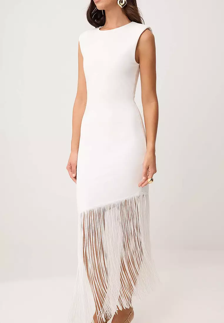Ecru Tassel Detailed Knitted Stylish/Evening Dress Tprss26El8