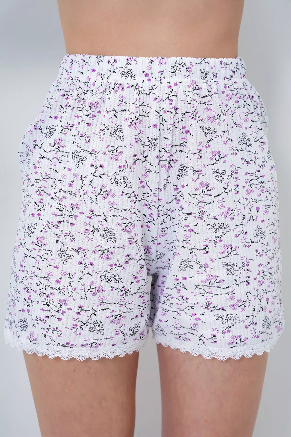 Women's Micro Flower Purple Scallop Detailed Cotton Wide Collar Shirt And Shorts Pajamas Set Pjm-X13899