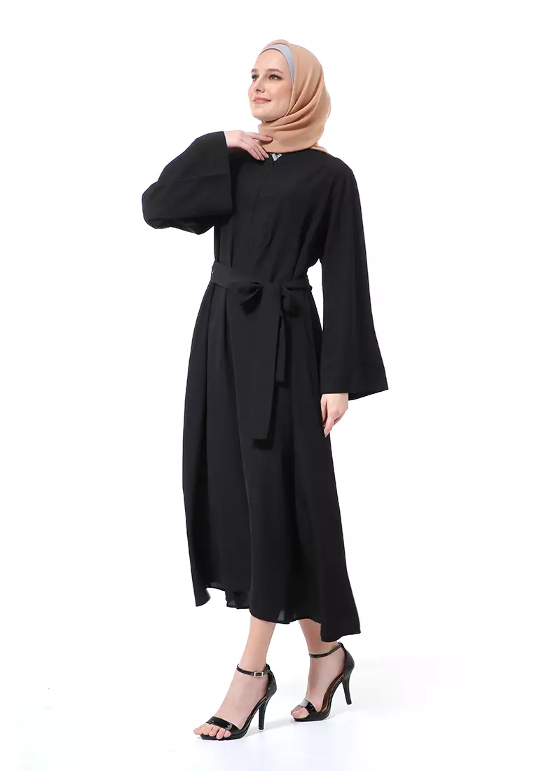 Khalisa Aiza Long Abaya Gamis Self Tie Belt Premium High Quality - Black