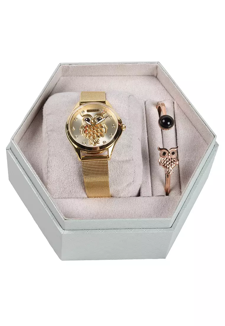 Bonia Owl - Jam Tangan Wanita - Gold - Stainless Steel Bracelet - BNB10641-2229