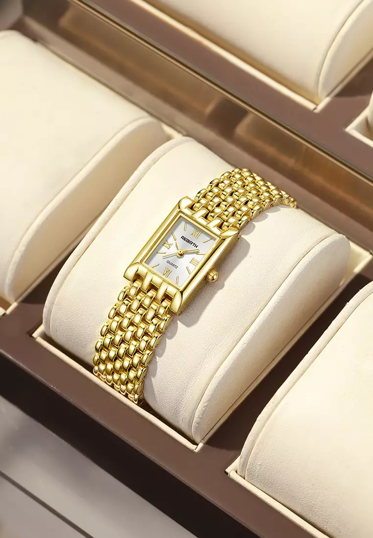 Jam Tangan Wanita Elegan Quartz Desain Kotak Klasik Strap Rantai Emas Mewah Anti Air  Stylish untuk Harian dan Pesta white