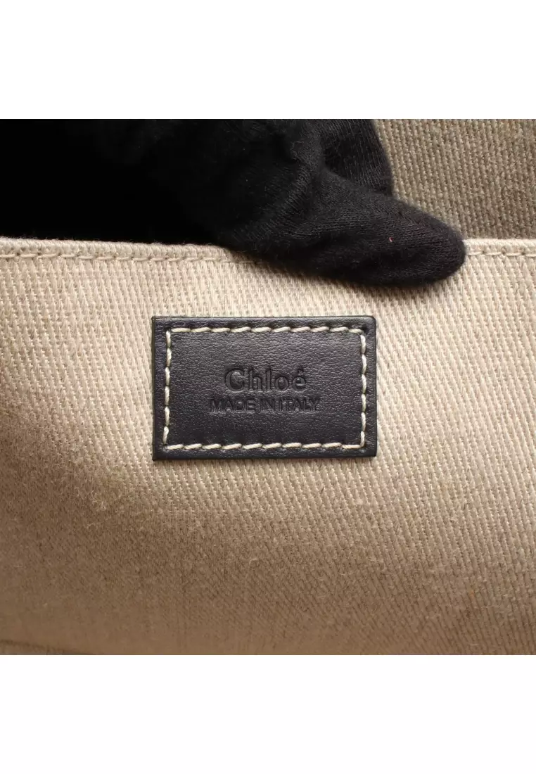 Pre-Loved Chloé WOODY Woody Medium Shoulder bag tote bag canvas leather beige black