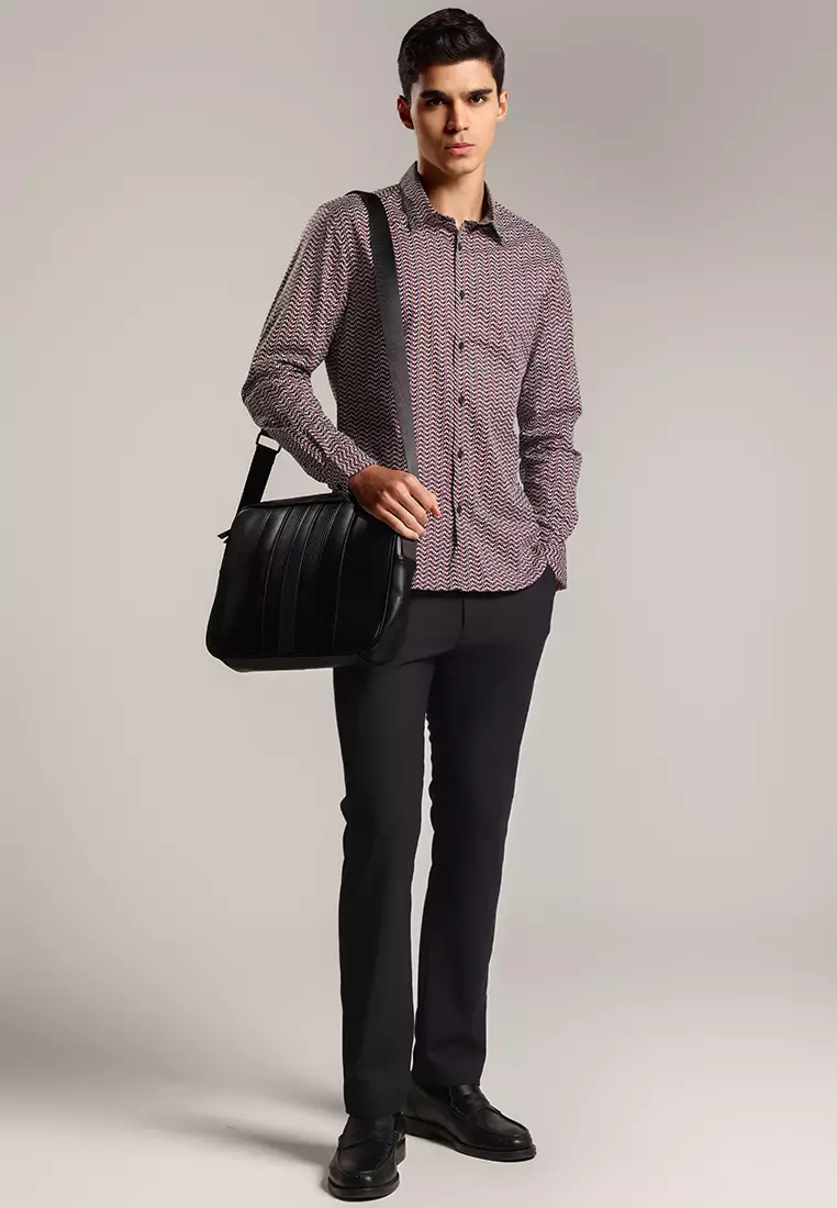 MOC - Kemeja Motif Lengan Panjang Pria Gheo - Maroon