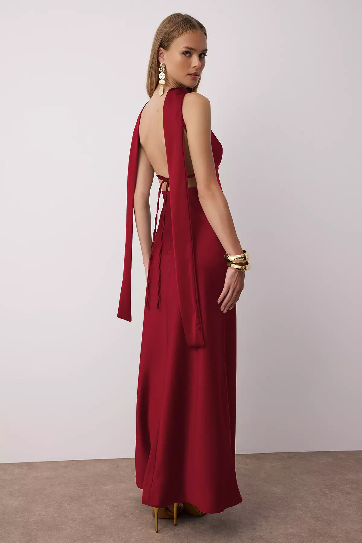 Red Shawl Detailed Satin Woven Maxi Evening Night Graduation Dress
