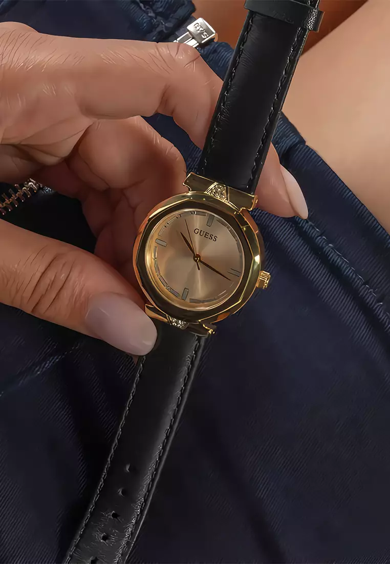 Guess Ladies Watch Rumour Jam Tangan Analog Wanita - Gold Case Black Leather Strap - GW0689L2