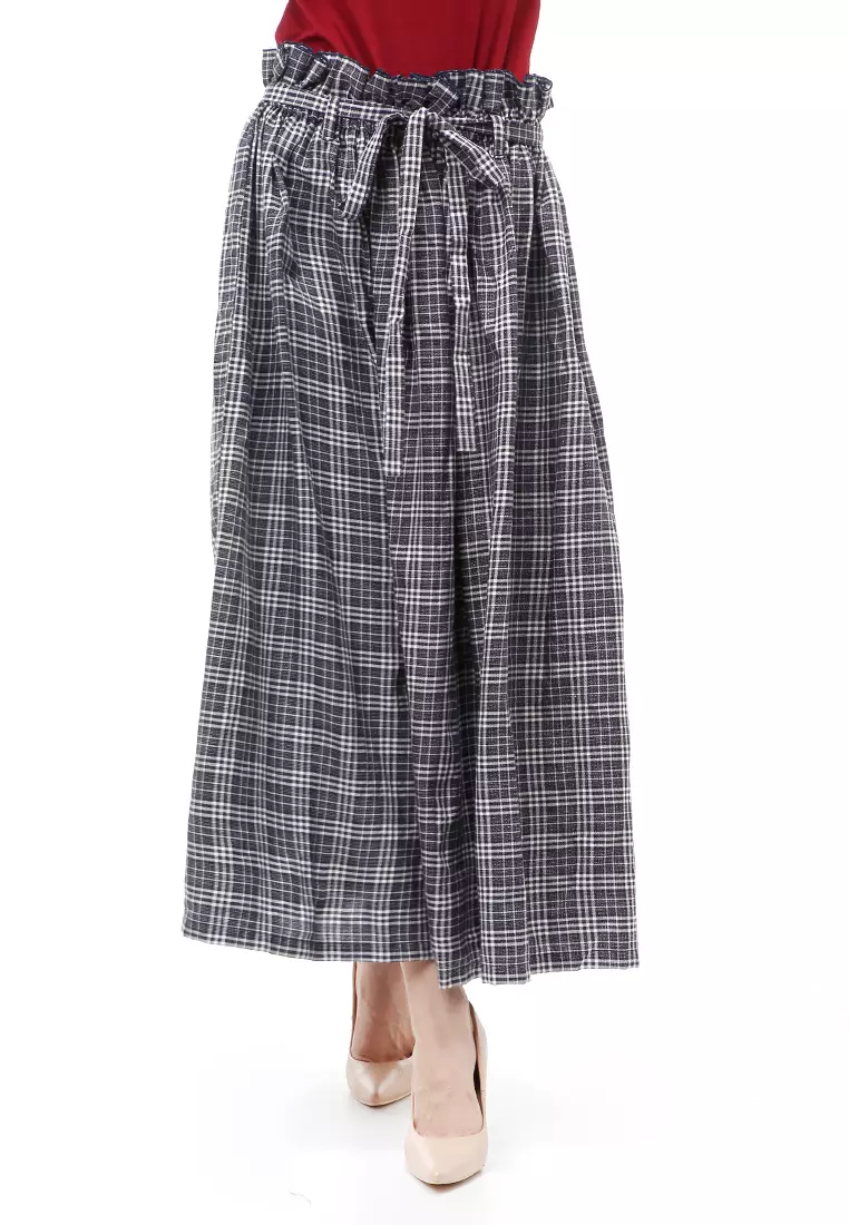 Amel Long Skirt Bawahan Wanita Motif Kotak-Kotak Regular Fit - Navy