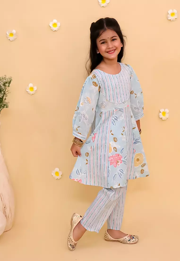 The Mom Store Megh Malhaar 女童花卉印花阿纳卡利库尔塔套装 - 多色
