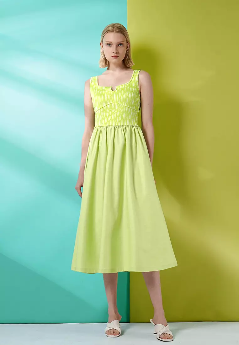 Hybrid Knit Bodice Notched Neck Dress