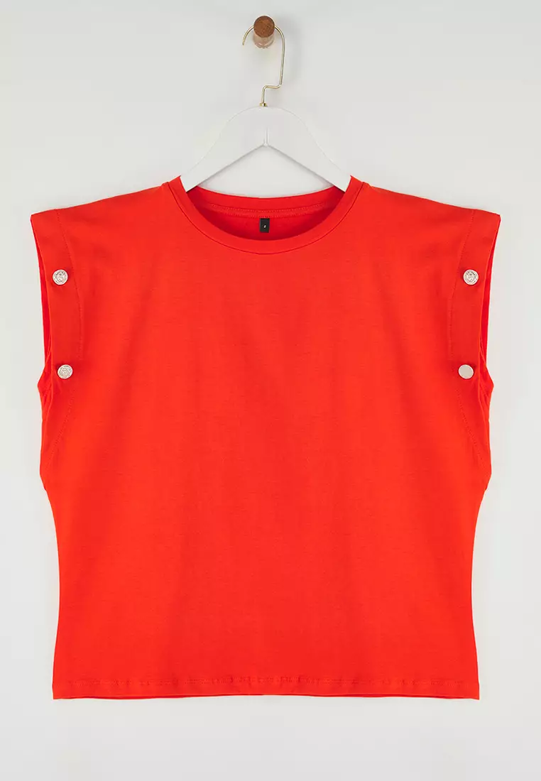 Orange Staple Detail Relaxed Crew Neck Knitted T-Shirt With Padded Look