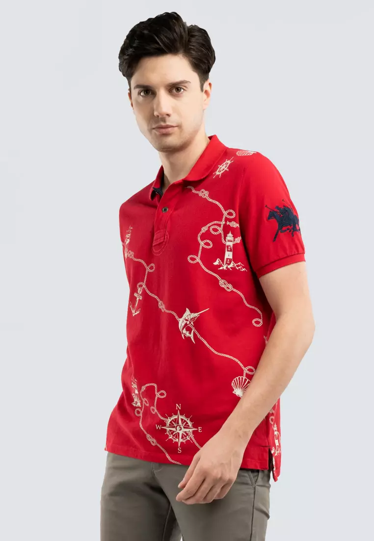 Red polo shirt button up outlet