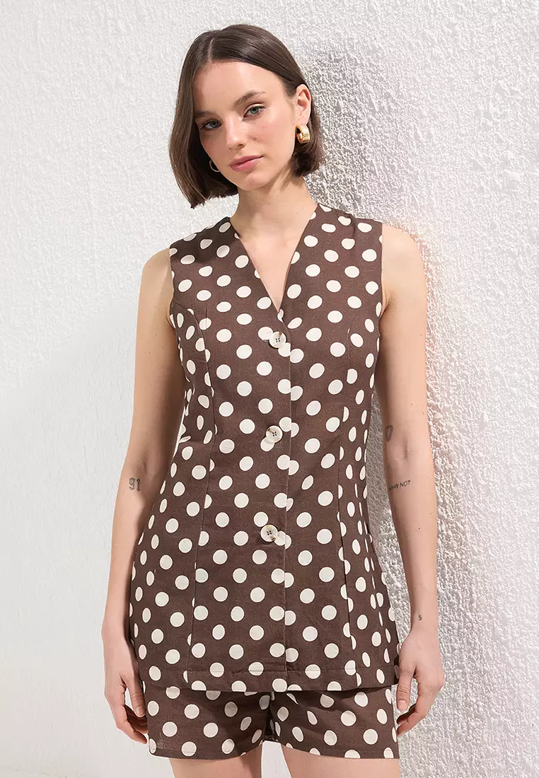 Dark Brown Linen Look V-Neck Vest and Shorts Woven Double Bottom-Top Set TWOSS25AU00094