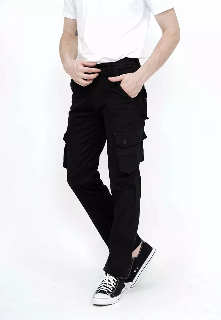 Celana Panjang kargo Pria Slim Fit Cargo pants kantong stretch melar Hitam