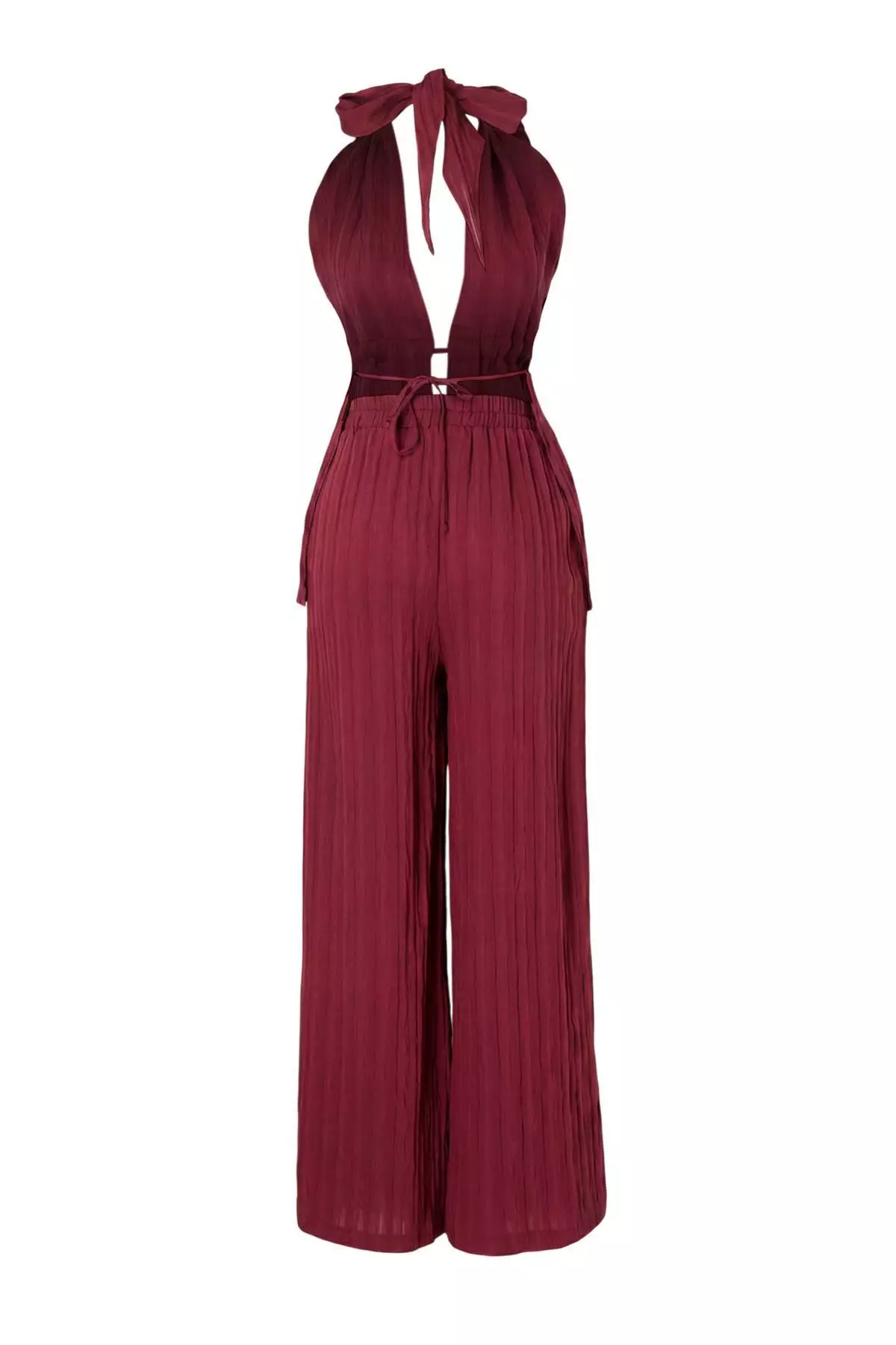 Burgundy Woven Gathered Beach Blouse-Pants Set Tbess25Au63