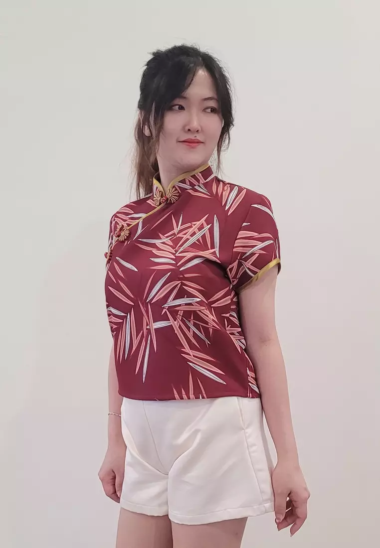 Ivory Cheongsam Cap Sleeves Top Red Leaf Printed