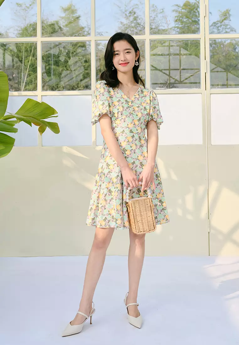 Puff Sleeve V-Neck Floral Midi Dress with Ruffled Flounce