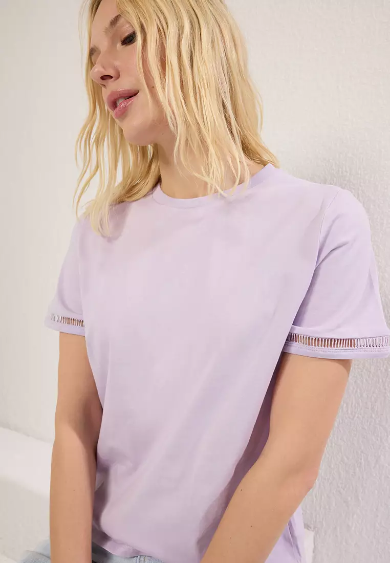 Lilac Embroidery Detail Basic Crew Neck Knitted T-Shirt