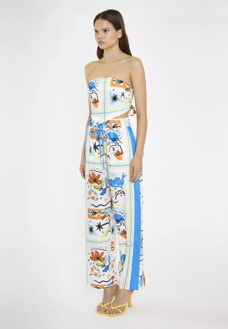 Blue Scarf Print Contrast Stripe Wide Leg Trousers
