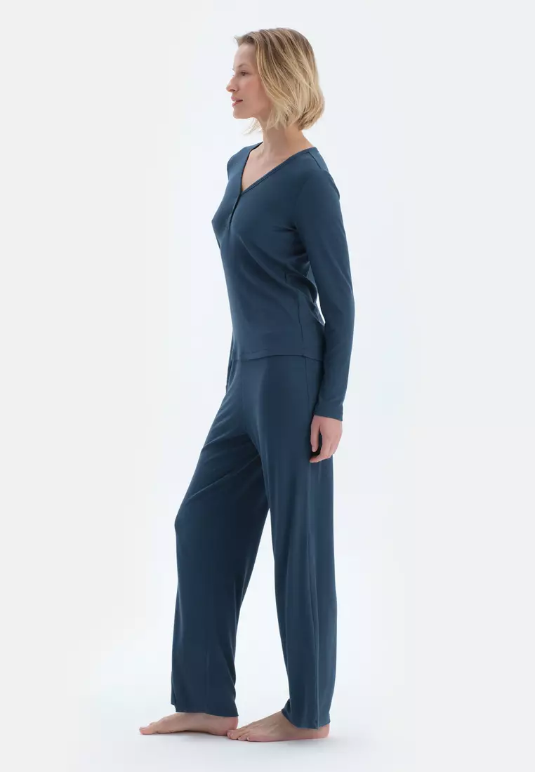 Navy T-Shirt & Trousers, V-Neck, Regular, Long Leg, Long Sleeve Sleepwear for Women