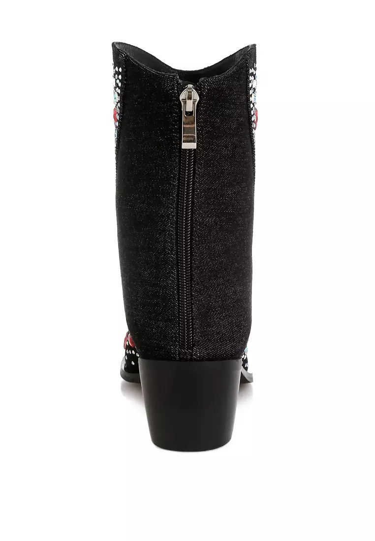 Multi Color Stones Embellished Boots in Black