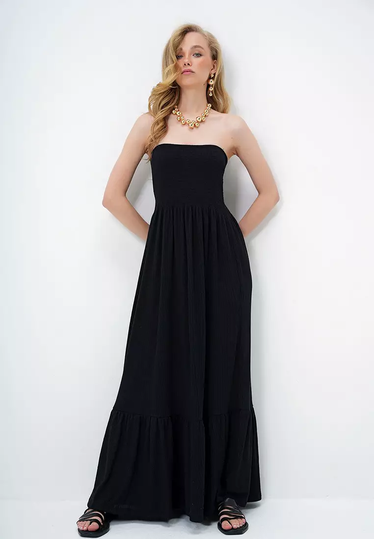 Women's Black Skirt Flounce Summer Long Strapless Dress Alc-X14127