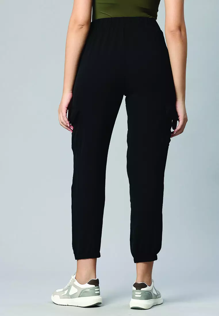 Celana Serut Kargo Bertingkat Tinggi Hitam